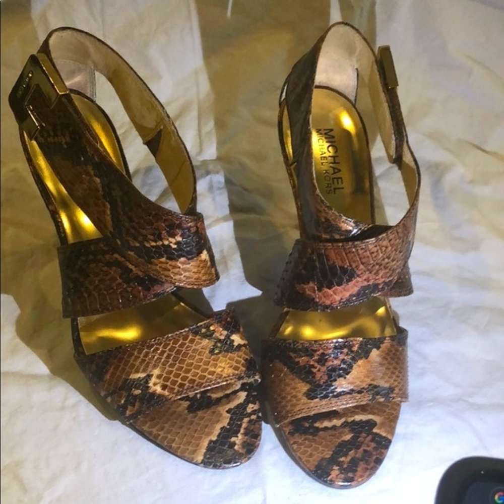 Michael Kors, Snakeskin, buckle wrap heels, NWOT
